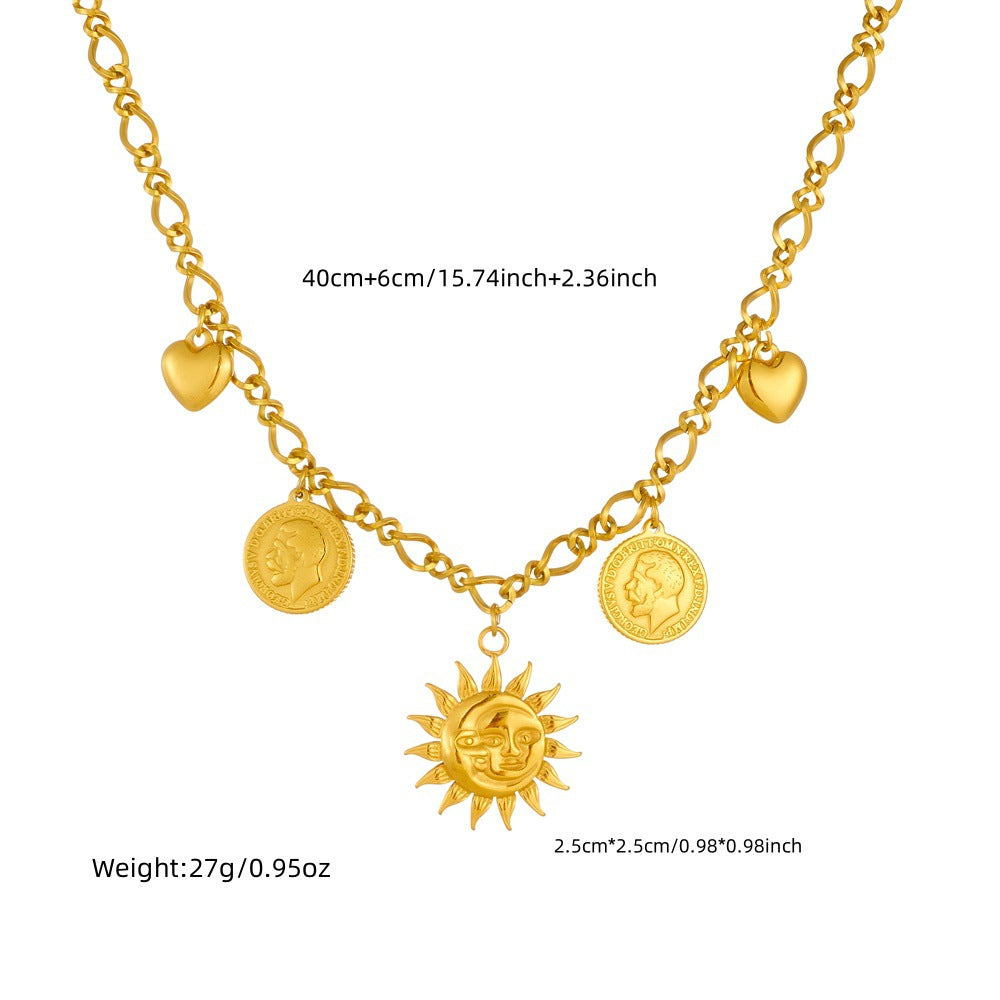 Punk Stainless Steel Plated Round Sun Moon Heart Pendant Cable Chain Necklace for Women