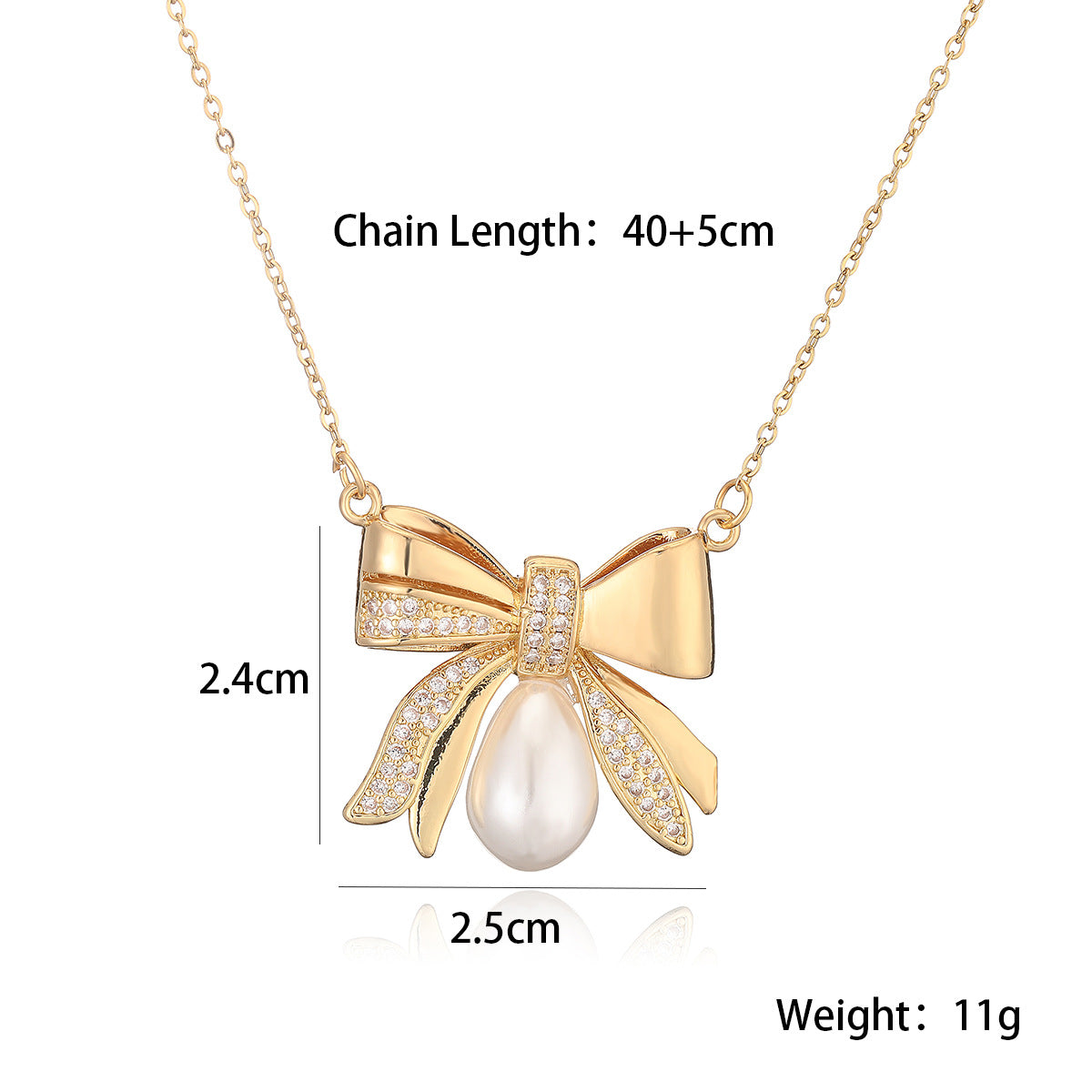 Collana girocollo da donna con ciondolo a fiocco placcato in oro 18 carati su base in rame, con zirconi e perle.