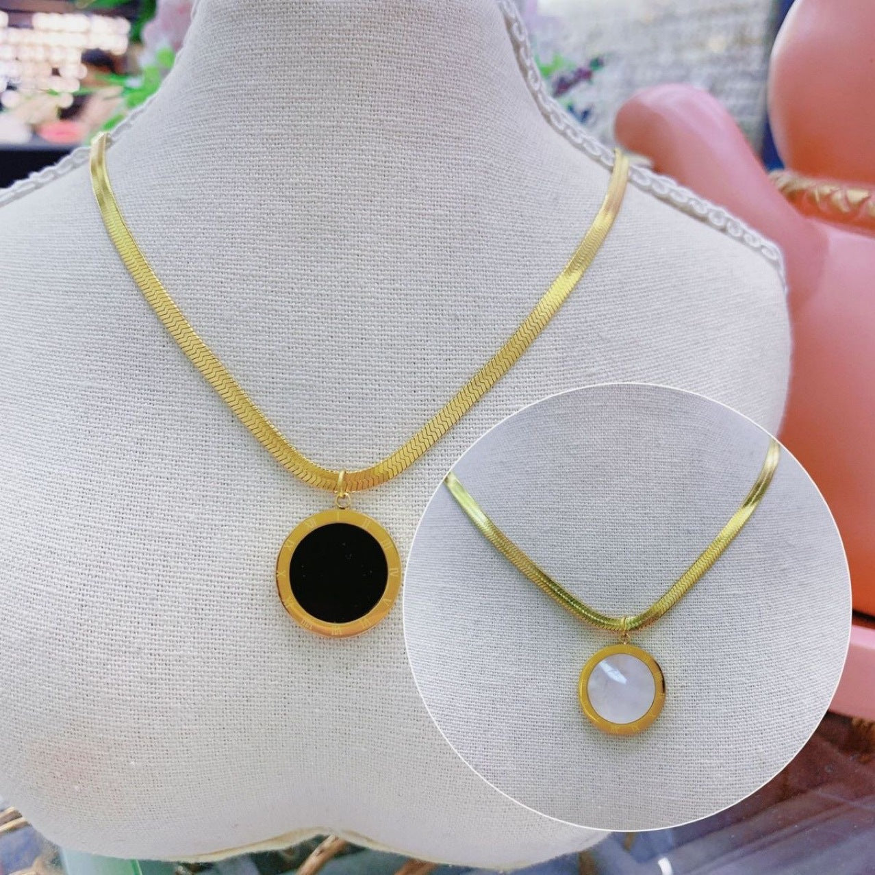 Minimalist Roman Numeral Pendant Necklace in Titanium Steel with Gold Inlay on Snake Chain for Women