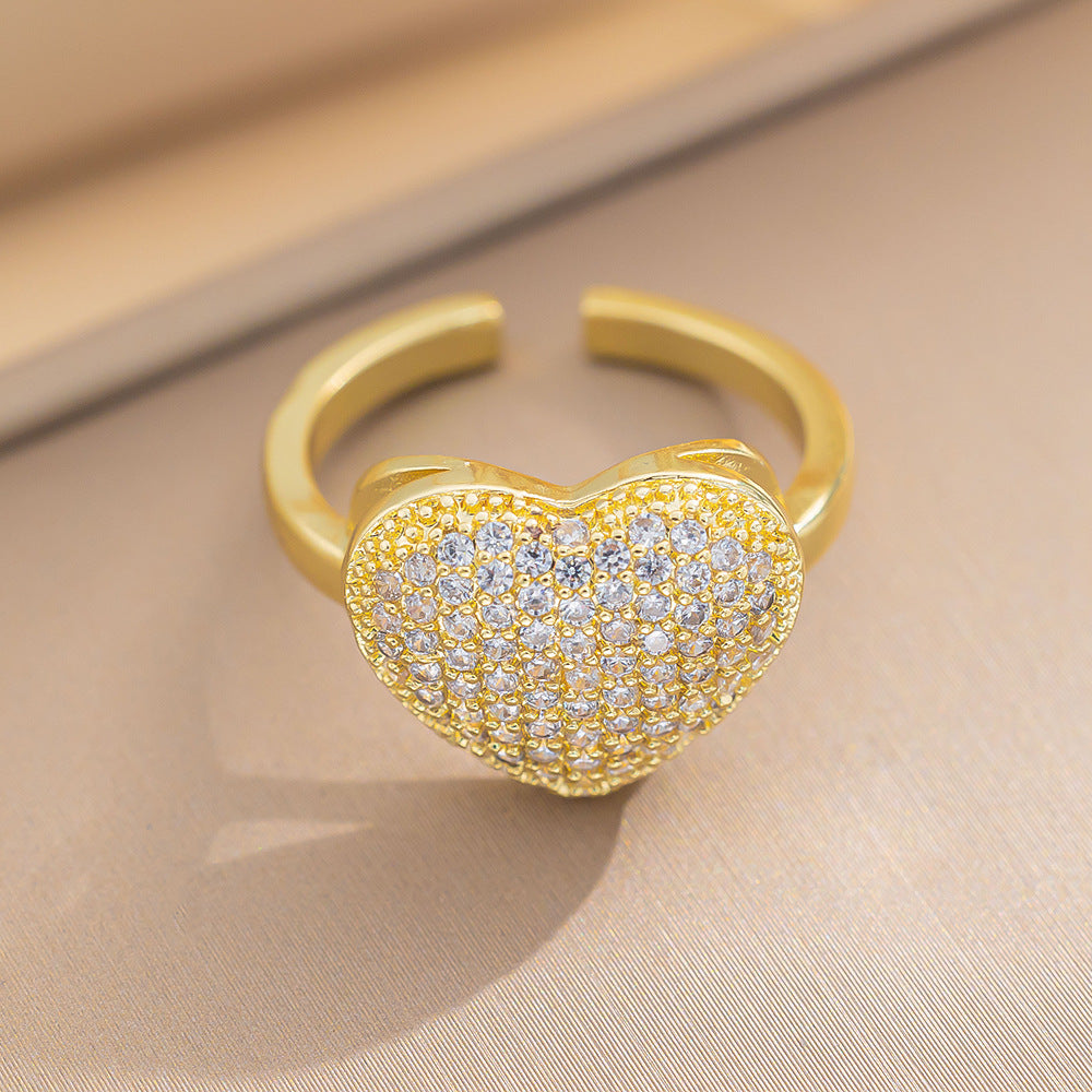 Luxury Minimalist Adjustable Open Ring for Women with Gold-Plated Copper Band and Zircon Stone Accent in Heart and Floral Shape