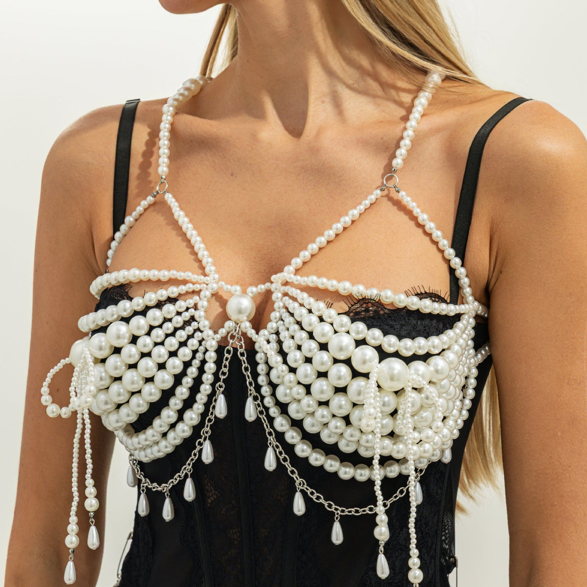 Fashion Imitation Pearl Multi-layer Beaded Body Chain with Tassel for Women