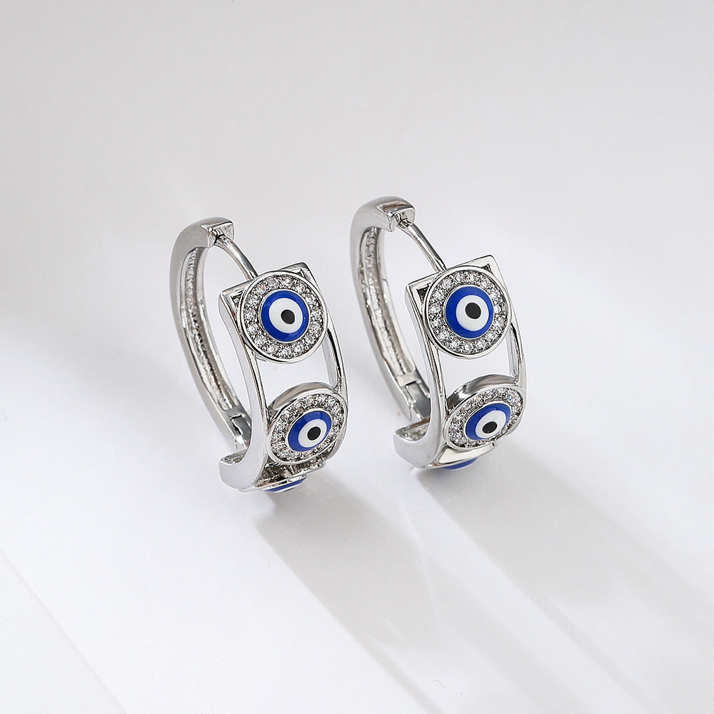 Vintage Style Geometric Copper Ear Cuffs with White Gold Plating and Micro-Paved Zirconia Evil Eye Design