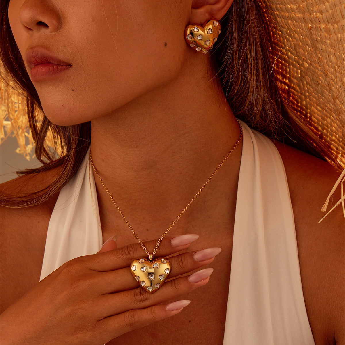 Set di collana e orecchini in acciaio inossidabile a forma di cuore, placcato oro 18 carati, stile minimalista e grazioso