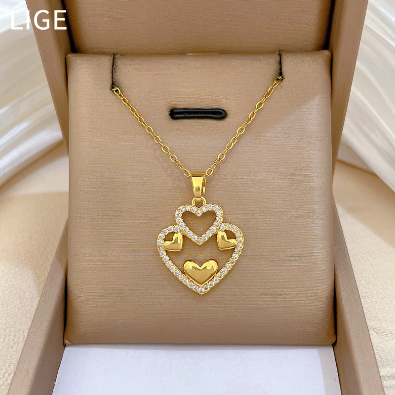 Sweet Minimalist Hollow Double-Layer Heart Rhinestone Titanium Steel Necklace for Unisex