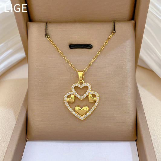 Sweet Minimalist Hollow Double-Layer Heart Rhinestone Titanium Steel Necklace for Unisex