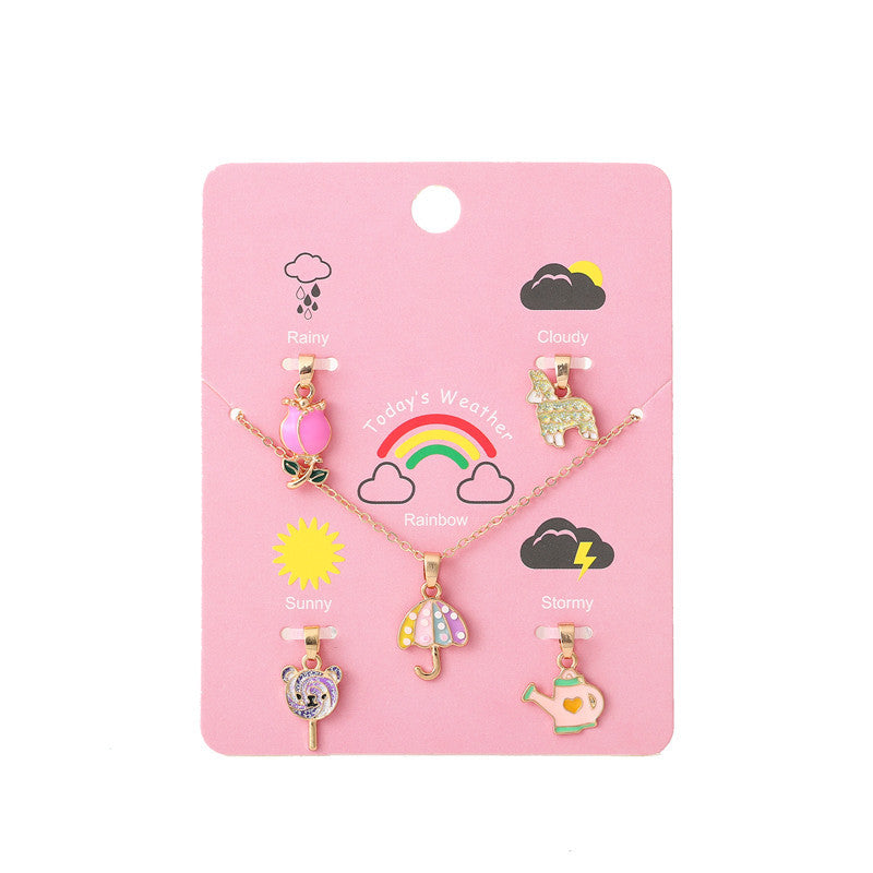 Bonito collar con colgante de unicornio de dibujos animados para niños, de aleación, ajustable, con acabado de esmalte y cadena de cruz