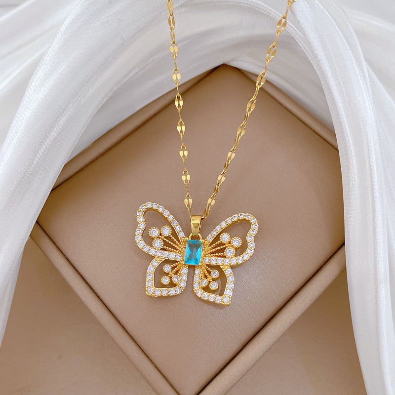 Sweet Minimalist Geometric Butterfly Rhinestone Titanium Steel Necklace for Unisex