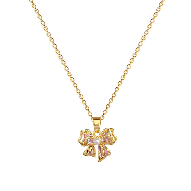 Collana con ciondolo a fiocco rosa con strass da donna in acciaio al titanio con delicata catena a medaglione