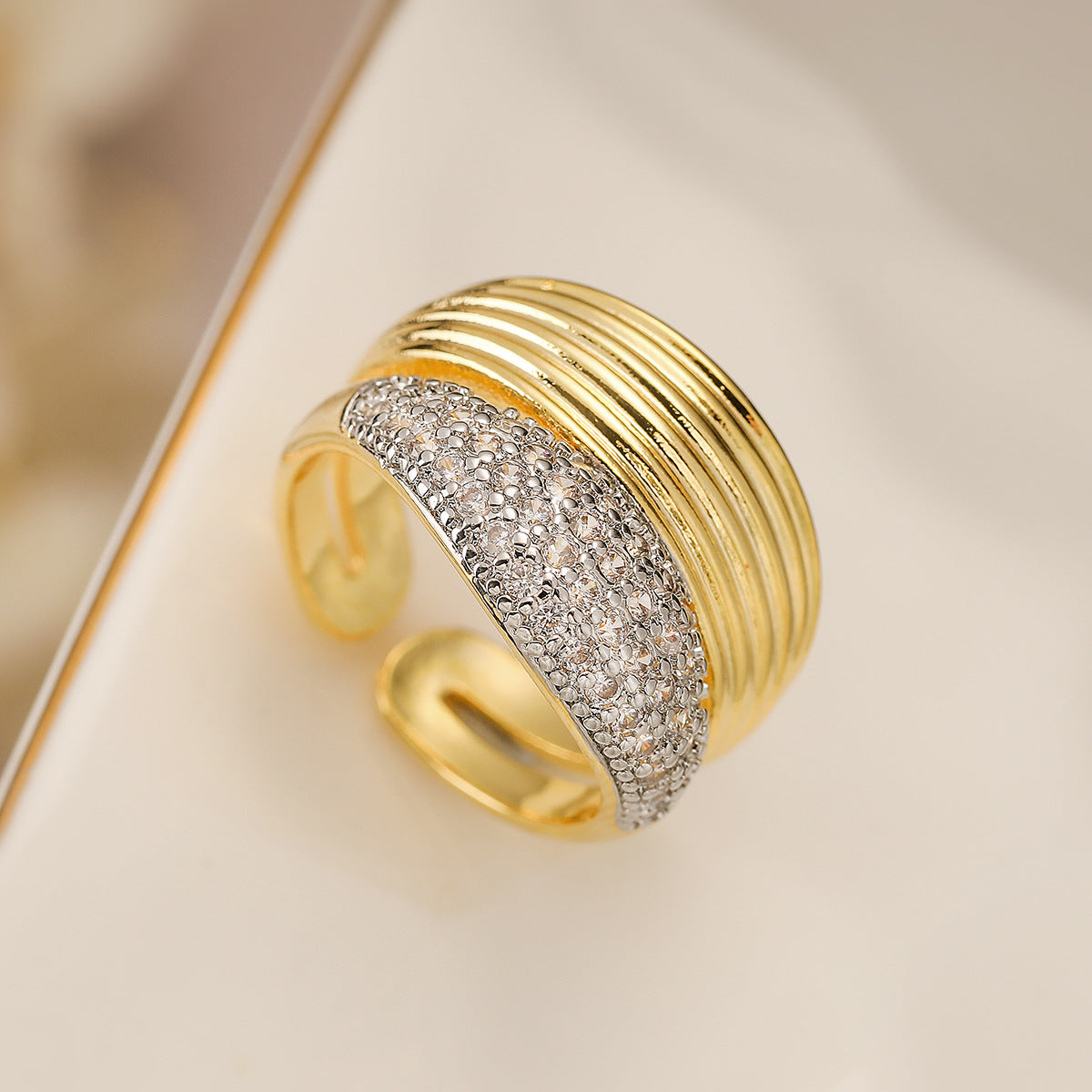 Two-Tone Plated Geometric Open Ring with Cubic Zirconia for Women