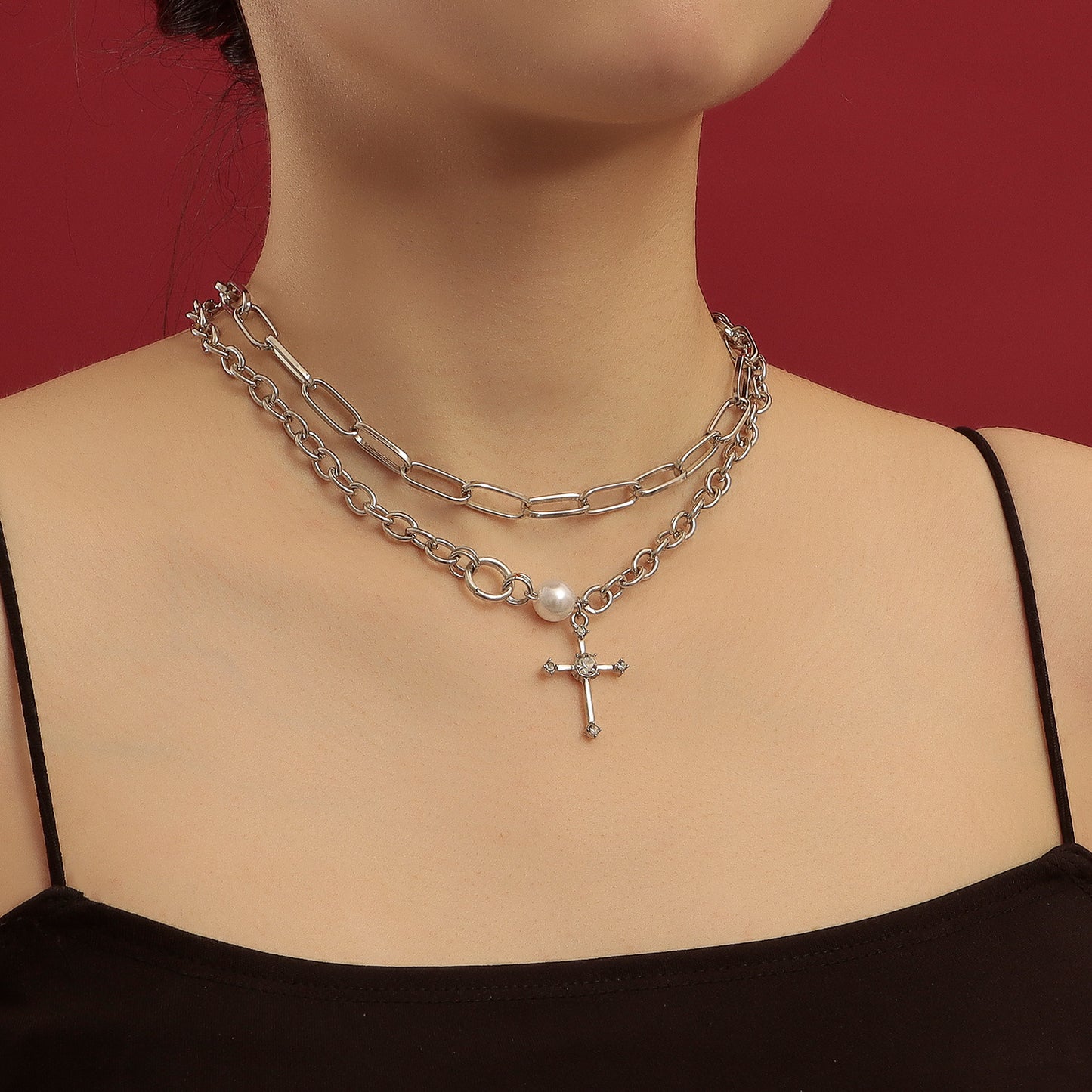 Minimalist Double-Layer Cross Pendant Necklace for Women with Rhinestone Inlay and Gold-Plated Alloy