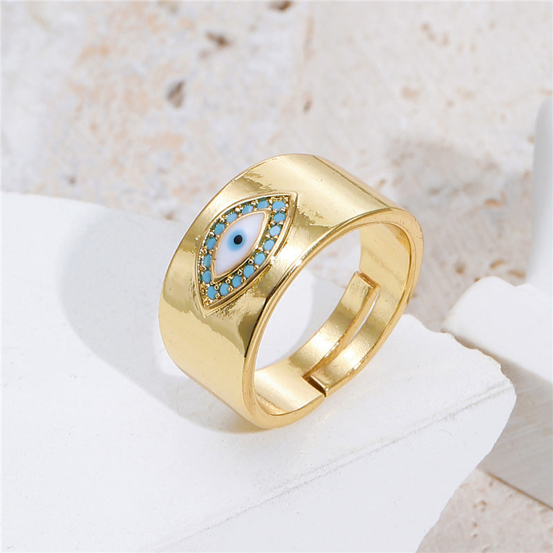 Geometric Open Ring with Turquoise and Cubic Zirconia Inlay, Gold-Plated Copper, Bohemian Style