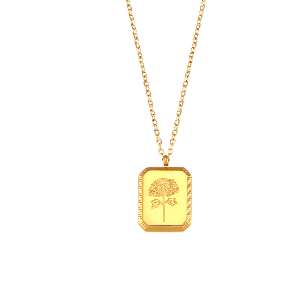 Fashionable Floral Embossed Square Pendant Necklace for Women in Stainless Steel with Plated Finish