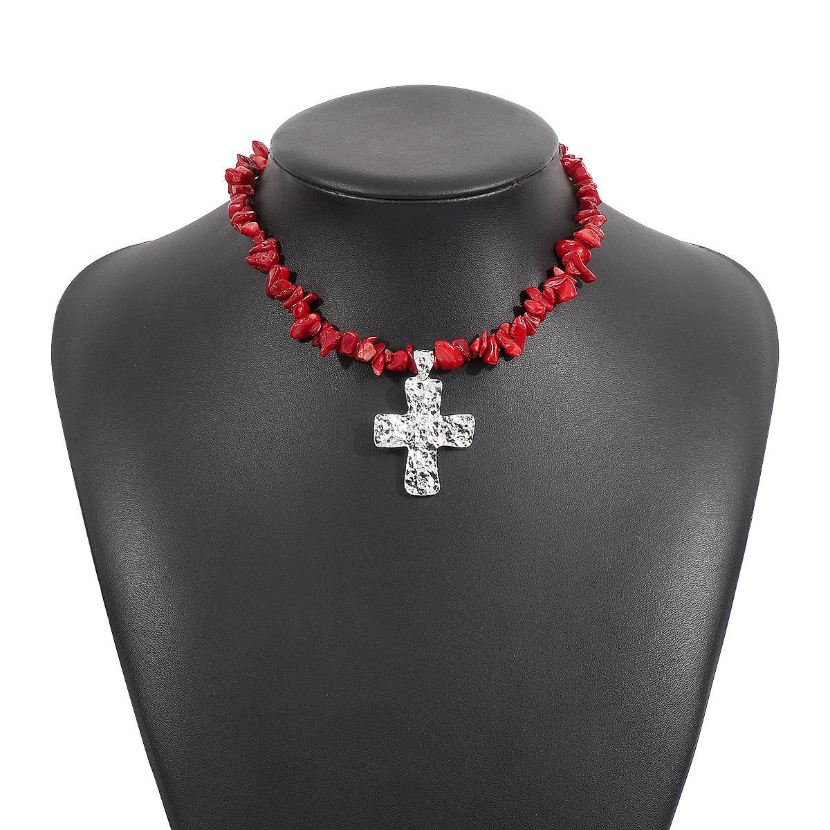 Collar con colgante de piedra irregular geométrica vintage con diseño de cruz en acabado chapado en aleación para mujer