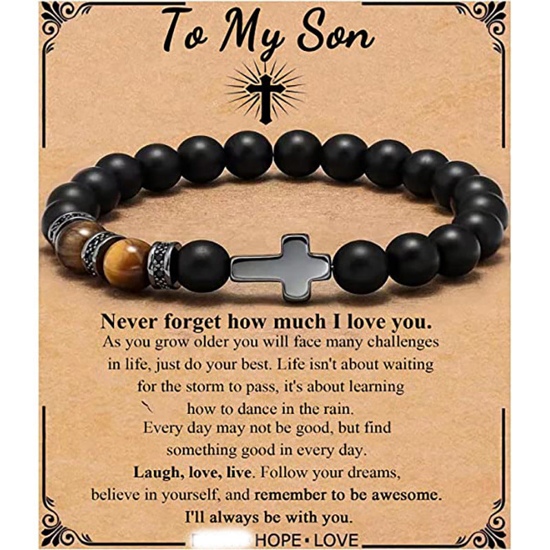 Minimalist Matte Black Beaded Bracelet with Small Cross Pendant Unisex Gift