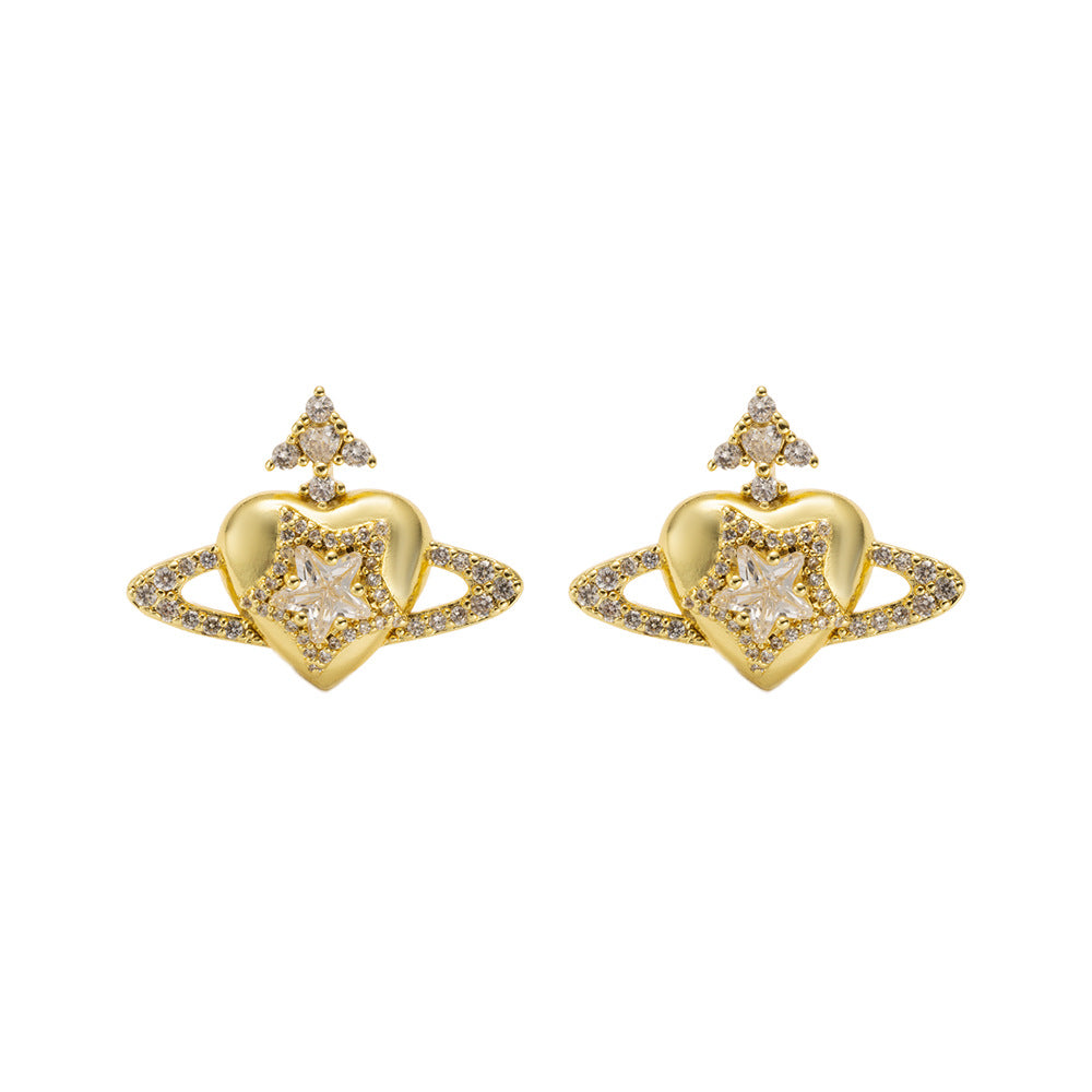 Luxury Minimalist Saturn-Shaped Gold-Plated Copper Stud Earrings for Women with Full Rhinestone Inlay