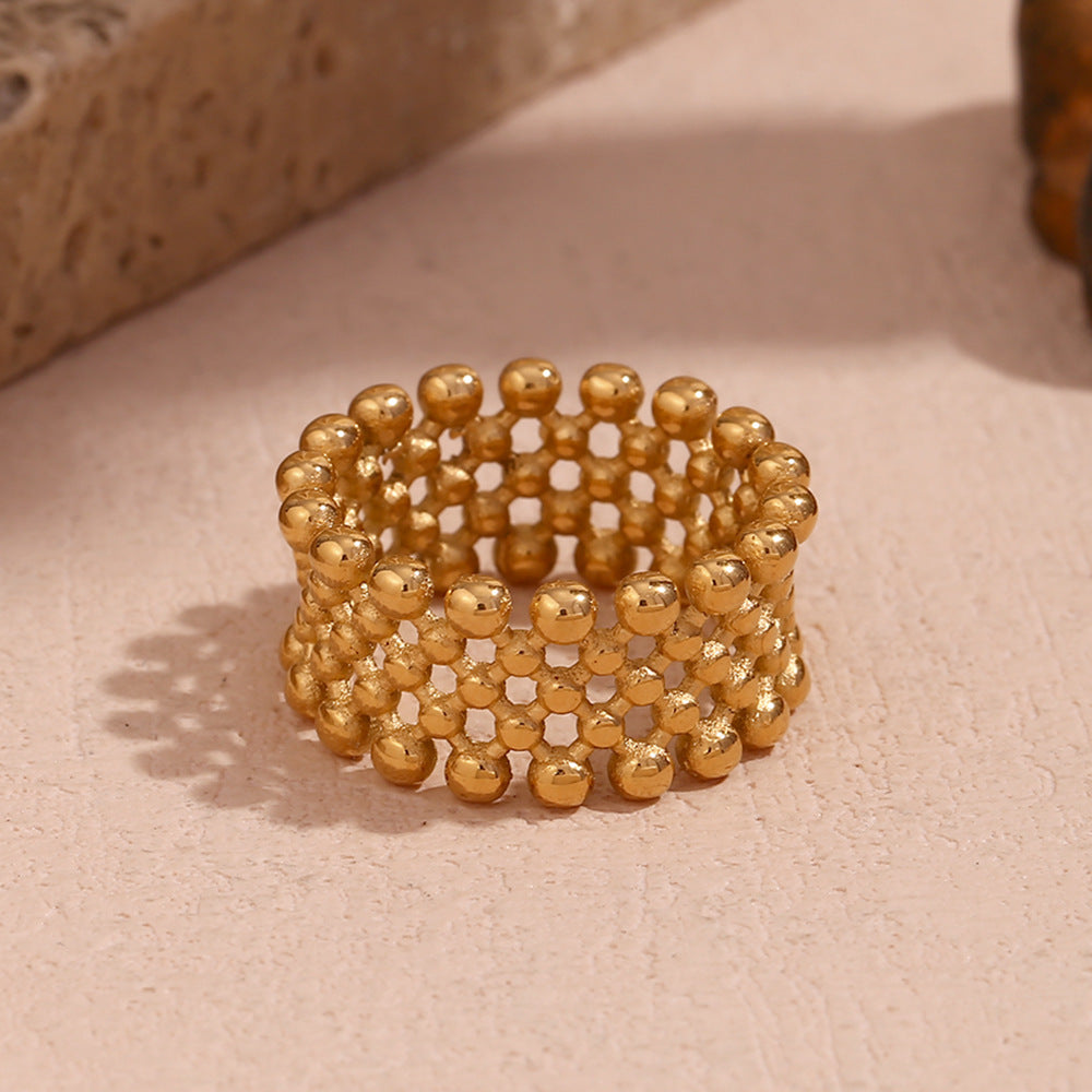 Minimalist Geometric Stainless Steel Plated 18K Gold Small Round Bead Mesh Cross-Arranged Ring for Women