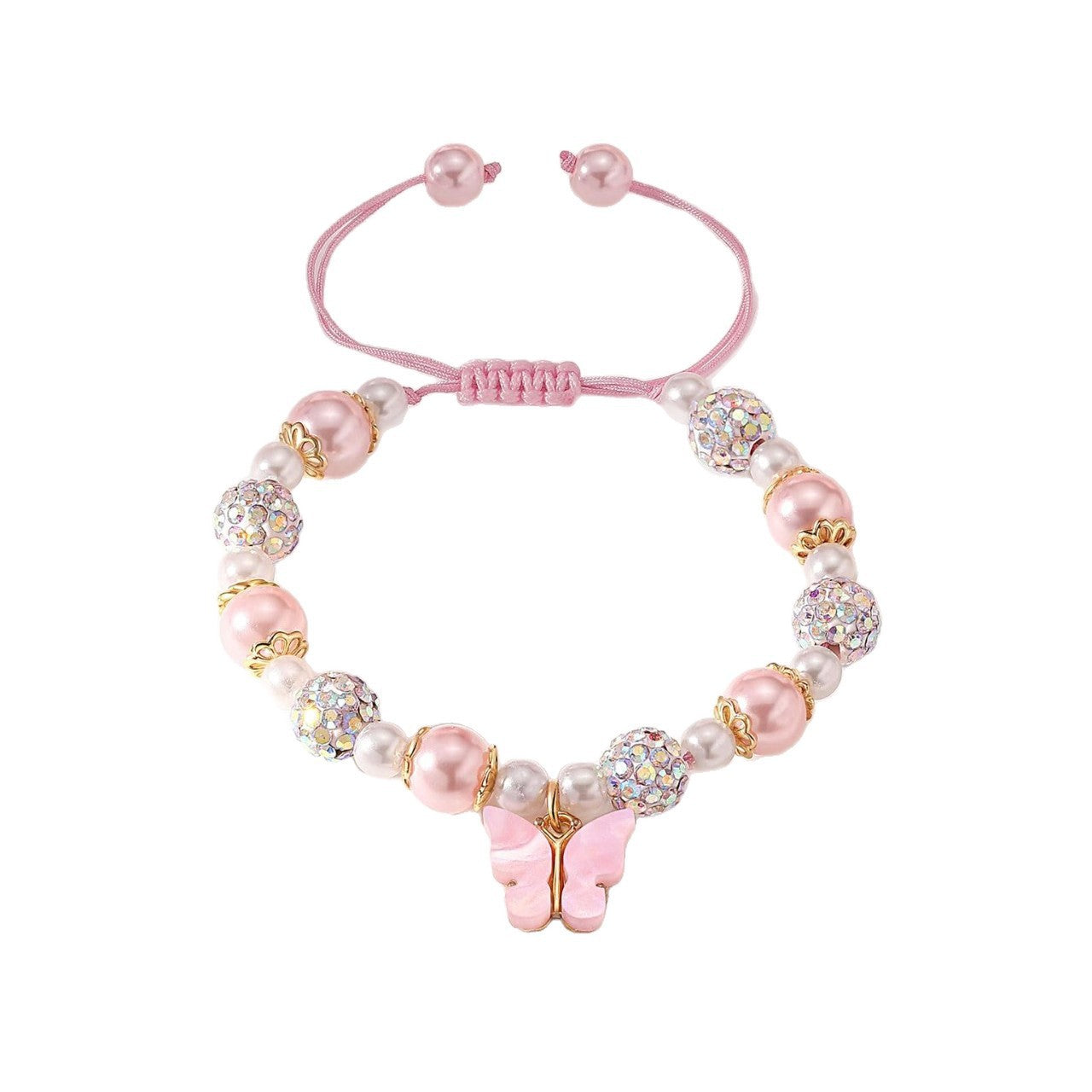 Sweet Pink Acrylic Butterfly Pendant Imitation Pearl Beaded Bracelet for Women