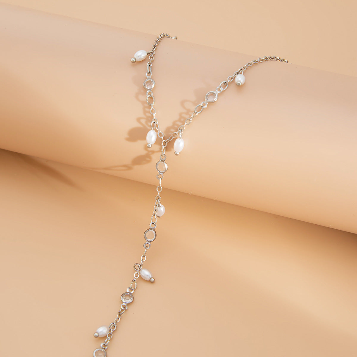 Streetwear Round Alloy Plated Imitation Pearl Tassel Open Cuff Hand Chain Bracelet