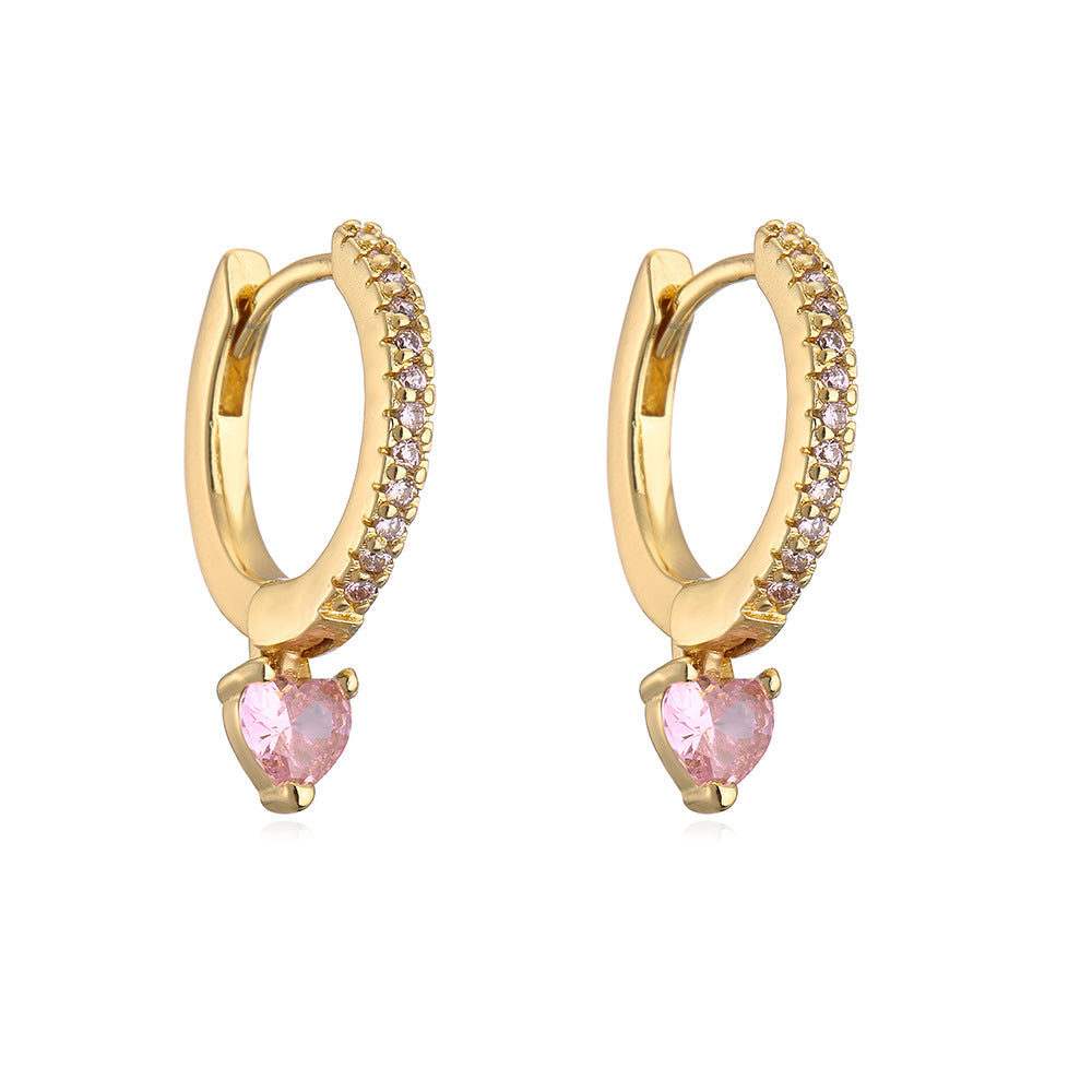 Geometric Heart-Shaped Copper Earrings with 18K Gold Plating and Zircon Inlay for Women