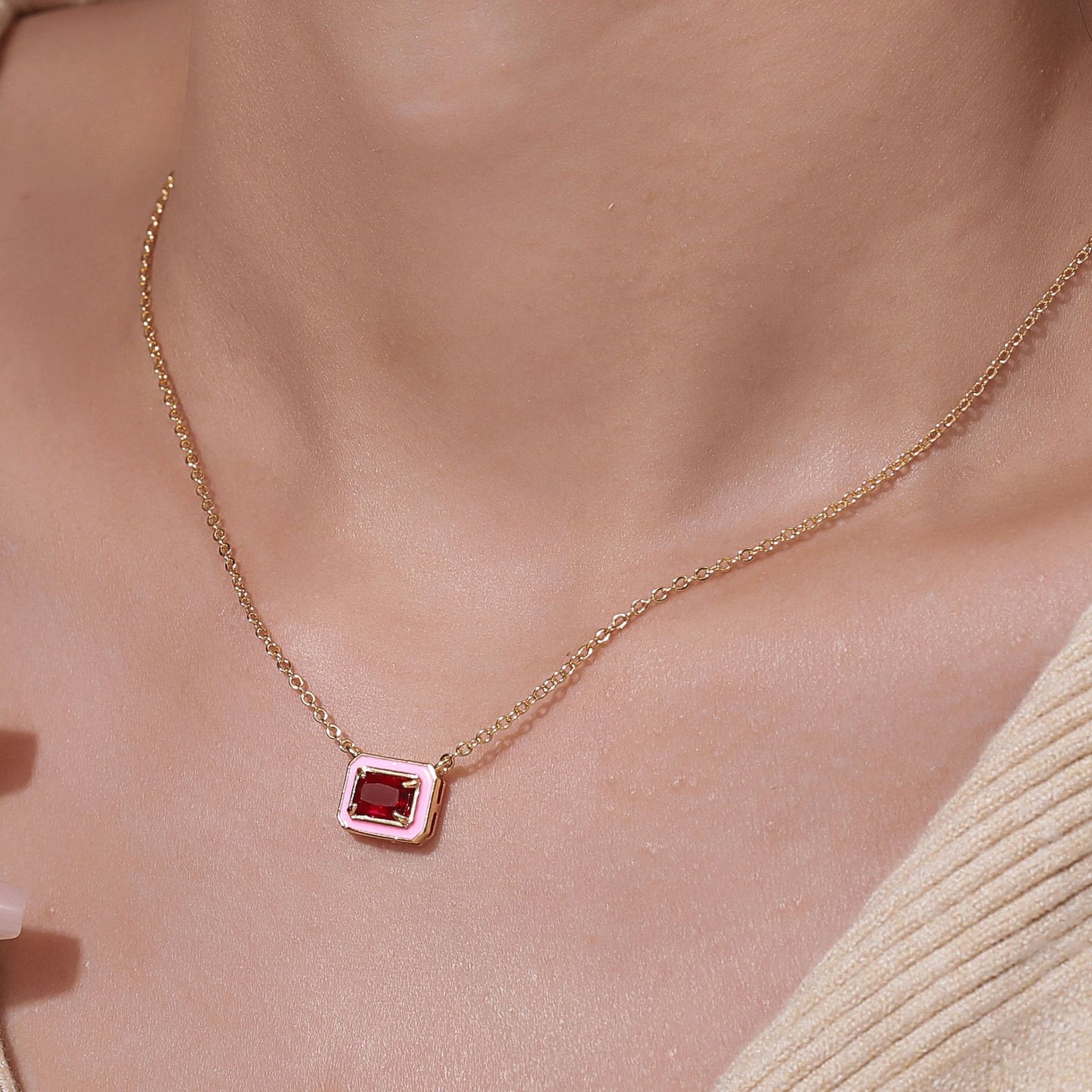 Macaron Candy Color Square Geometric Drip Oil Cubic Zirconia Pendant Gold Plated Brass Necklace for Women