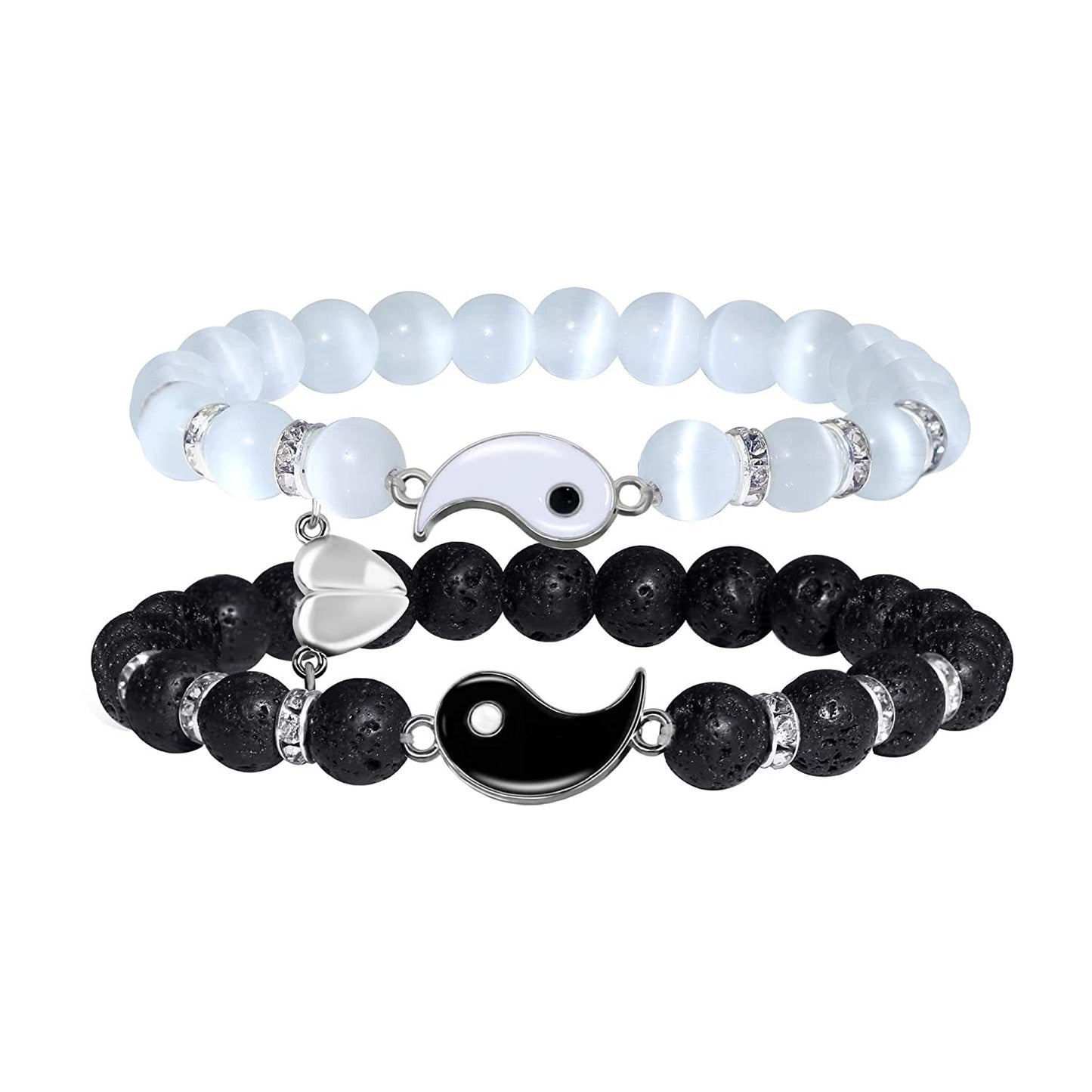Geometric Round Black Agate Beaded Snake Chain Bracelet with Magnetic Heart Clasp for Unisex