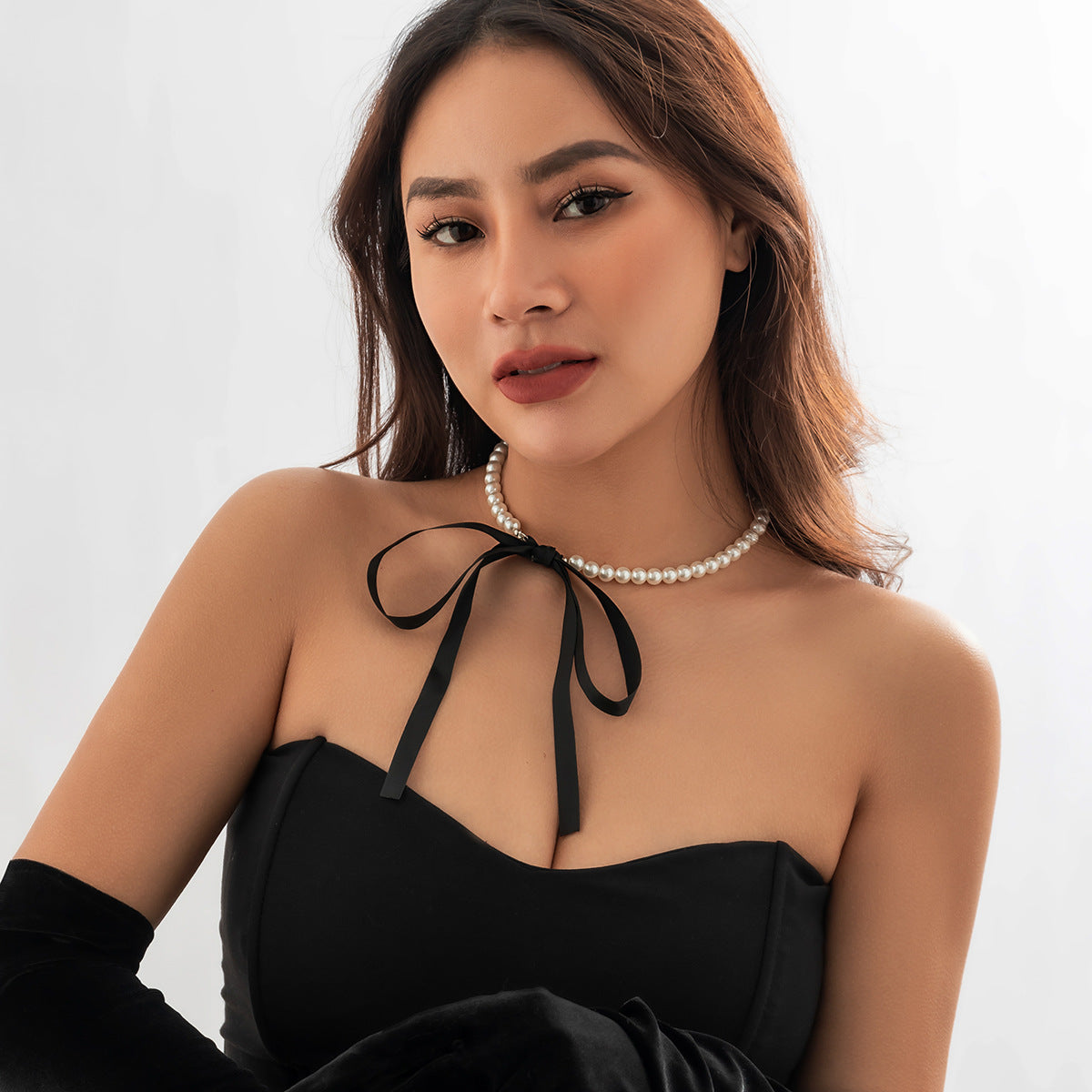 Sweet Geometric Imitation Pearl Ball Chain Necklace with Velvet Tassel DIY Charm Bar for Women