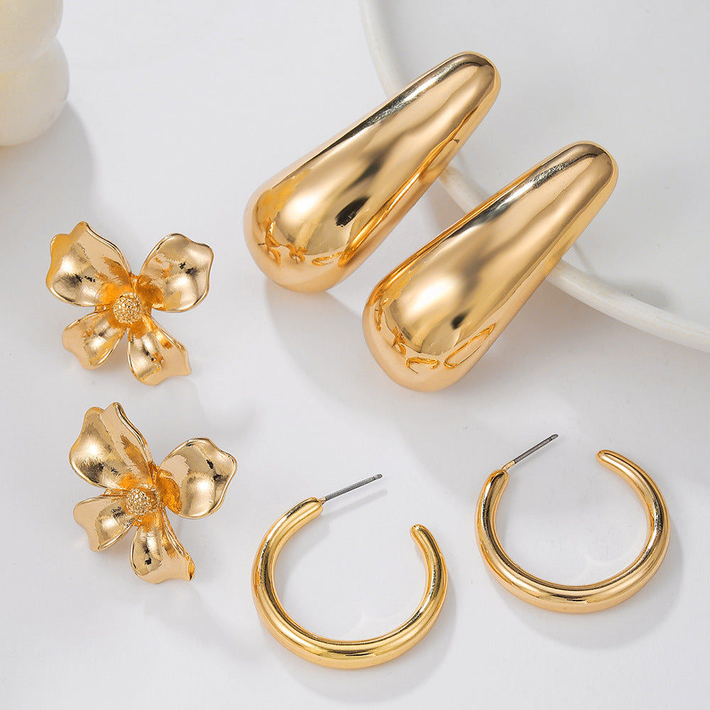 Vintage Floral Geometric Round Alloy Plated C-Shape Earrings Set