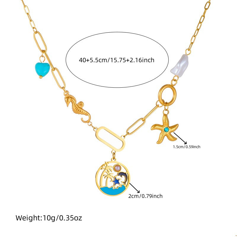 Fashion Elegant Stainless Steel Plated Ocean Animal Pendant Double Layer Beaded Necklace and Bracelet Set for Women