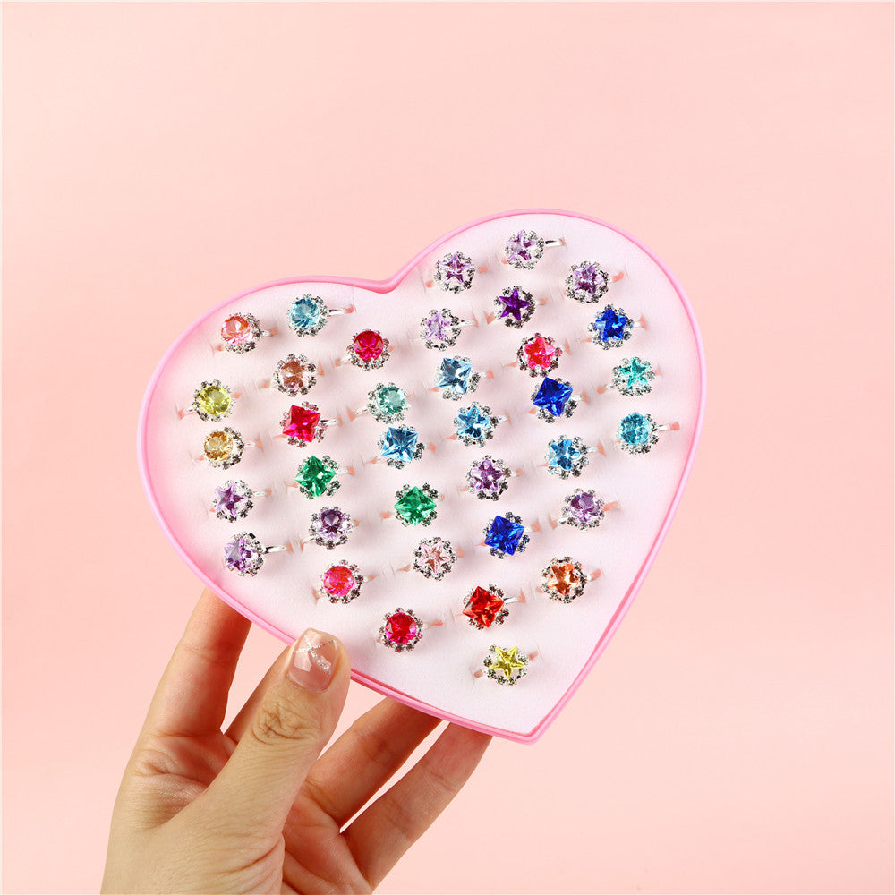 Anello da bambina in stile cartone animato, poligonale, in lega con intarsio di ametista, finitura in polvere scintillante, confezione regalo