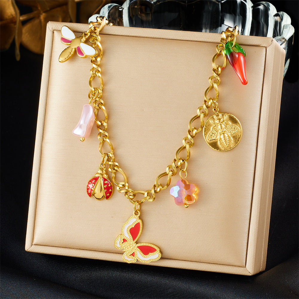 Minimalist Drip Oil Plated Stainless Steel Butterfly and Round Pendant Jewelry Set with Cable Chain for Women