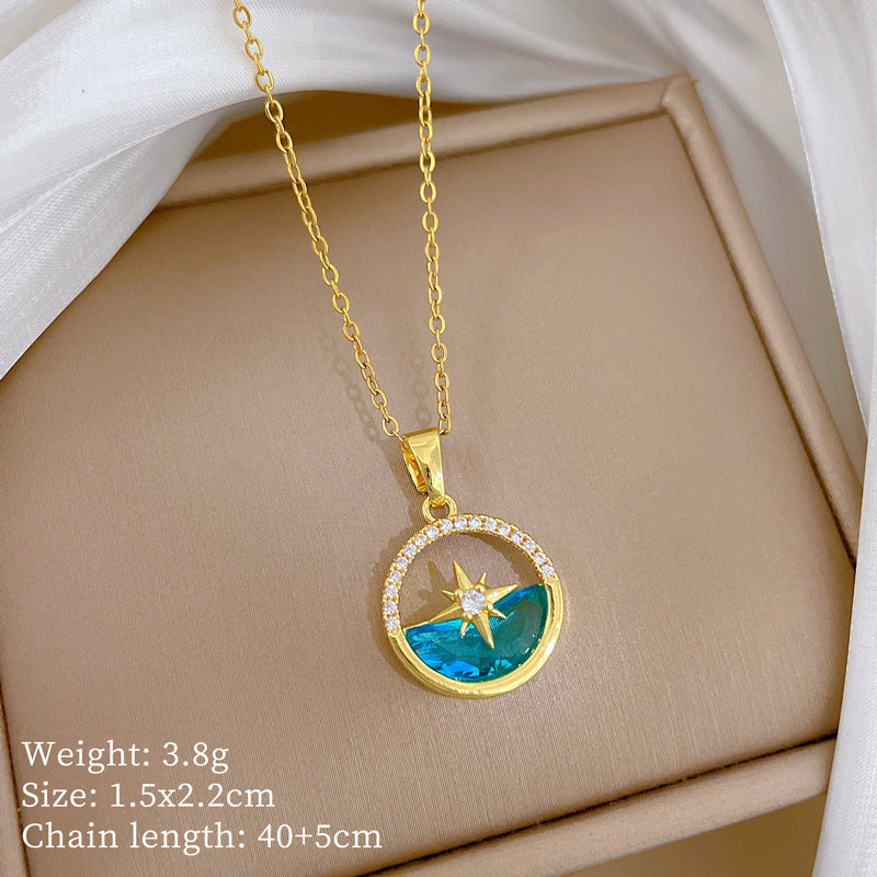 Sweet Geometric Star Moon Rhinestone Plated Titanium Steel Necklace with Brass Pendant Cable Chain for Unisex