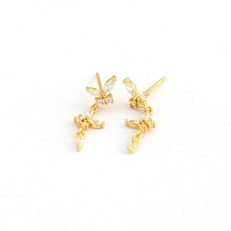 Minimalist Butterfly-Shaped S925 Sterling Silver Stud Earrings with Rhinestone Inlay and Dangling Fringe