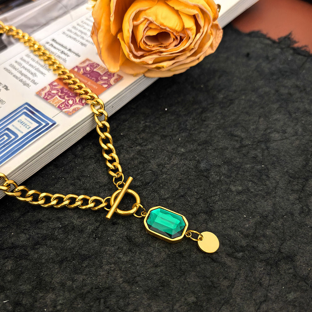 Irregular Geometric Square Emerald Cubic Zirconia Plated Titanium Steel Pendant Cuban Link Chain Necklace for Women