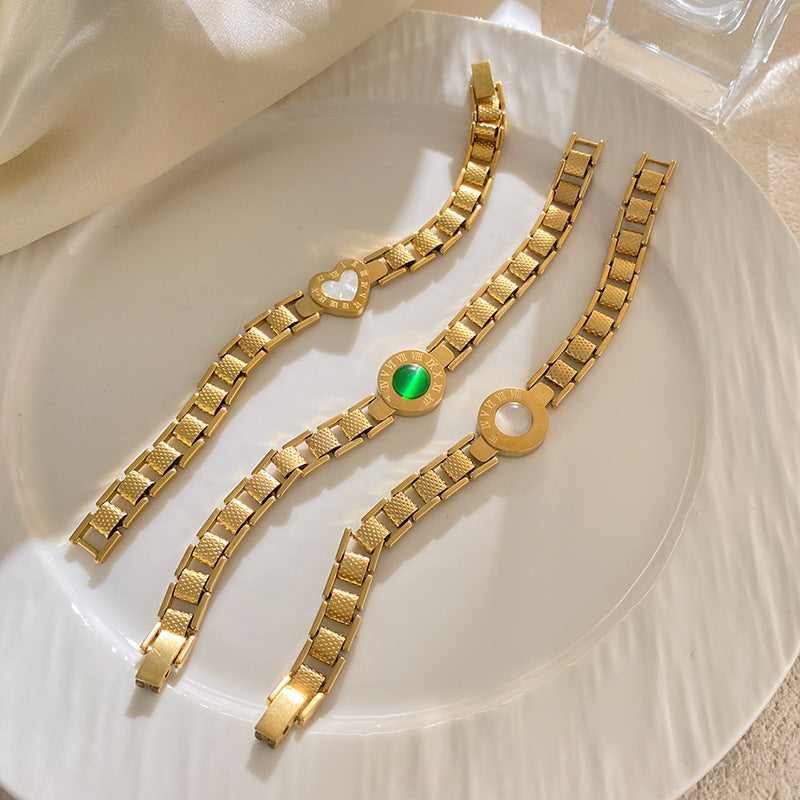 Gold Plated Titanium Steel Round Shell Cat's Eye Bracelet