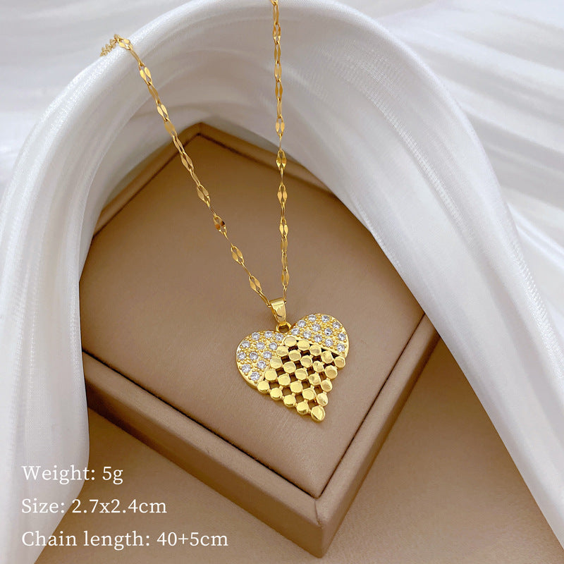 Collana di lusso in acciaio al titanio con cuore geometrico, strass e catena a labbra per donne e uomini