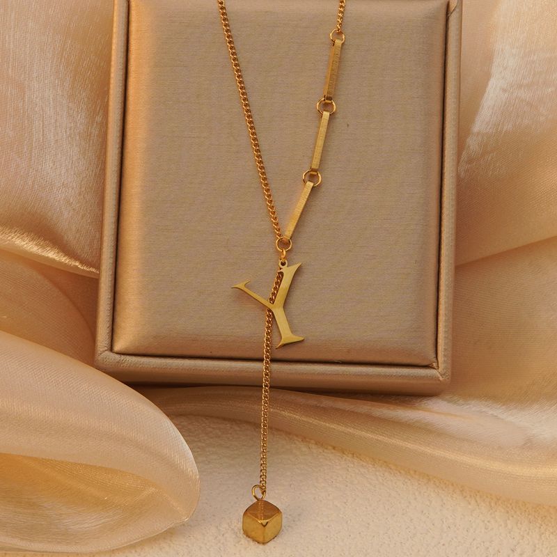 Minimalist Titanium Steel Letter Pendant Necklace with Tassel for Women