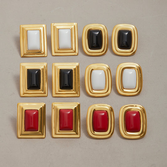 Elegant Geometric Square Agate Inlay Stainless Steel Stud Earrings for Women