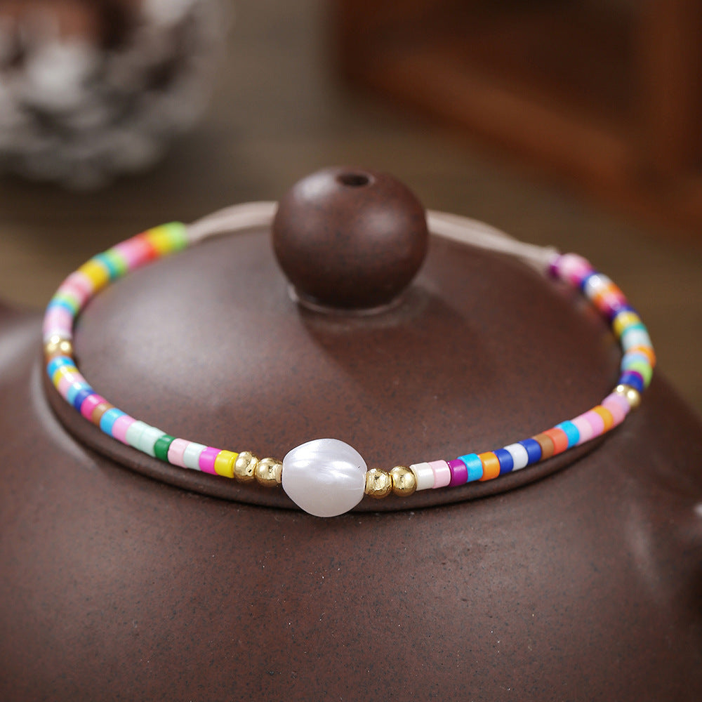 Bohemian Style Adjustable Braided Pearl Beaded Bracelet for Women with Rice Beads and Geometric Design