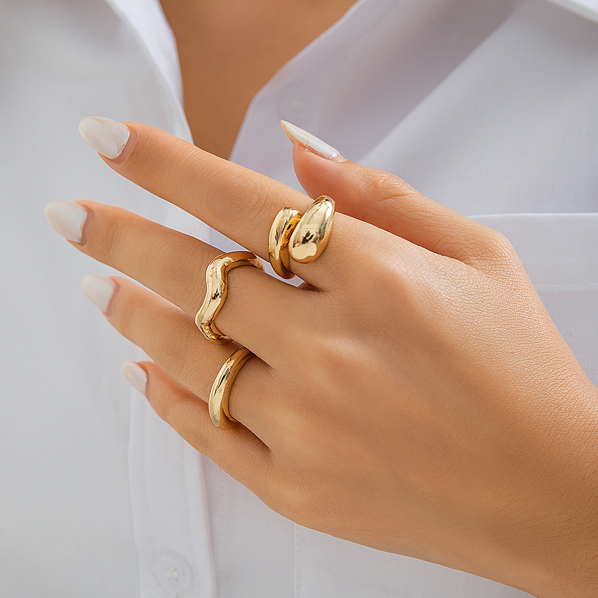 Geometric Plated Zinc Alloy Ring Set for Women