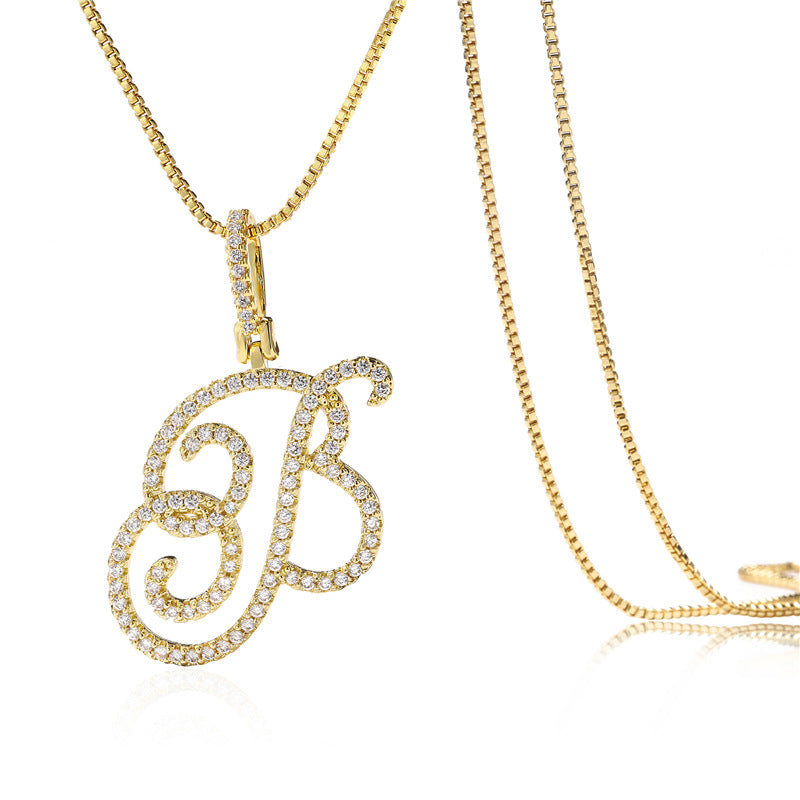 Minimalist Geometric Letter Pendant Necklace in Brass with Micro-Pavé Setting on Box Chain