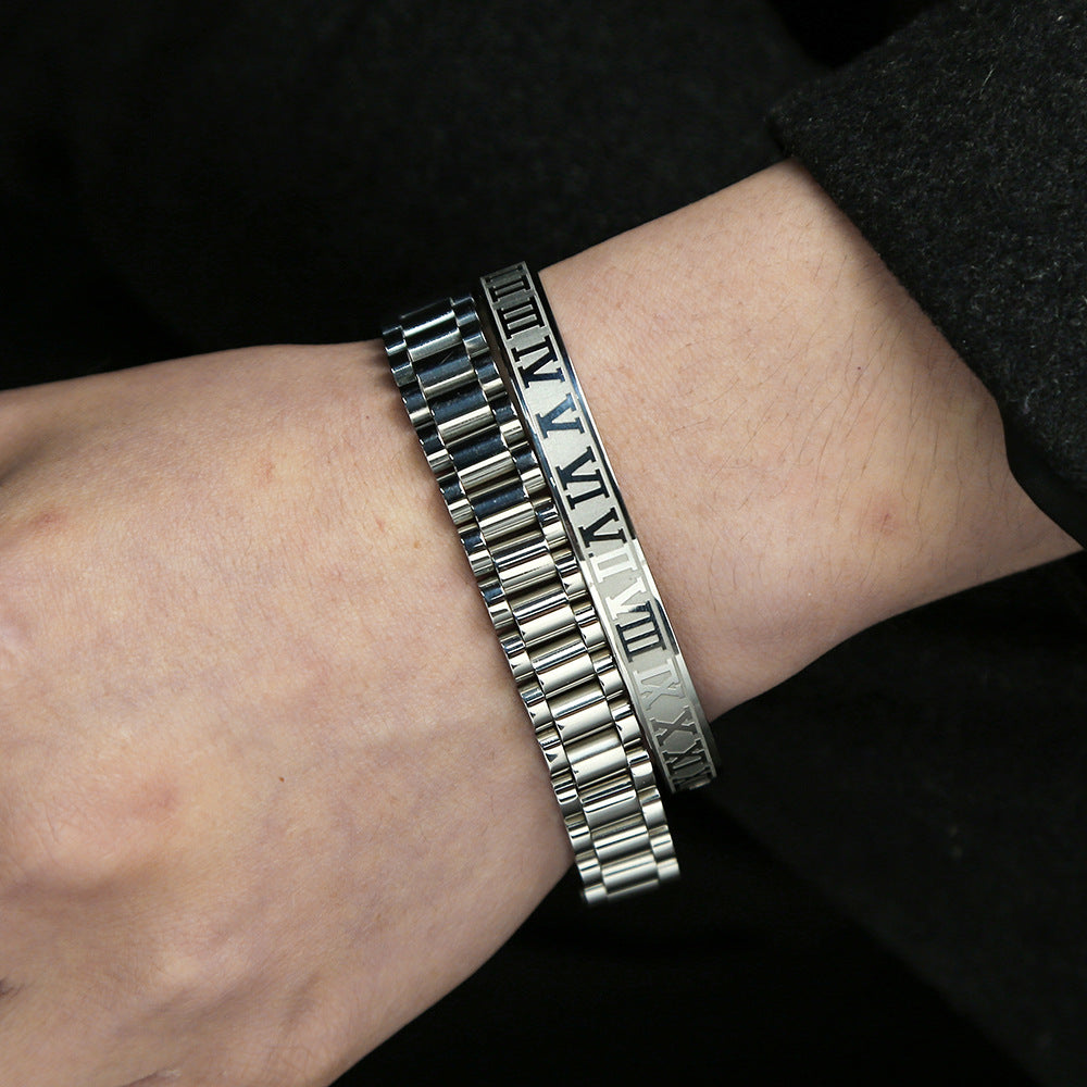 Punk Geometric Round Letter Titanium Steel Plated Open Cuff Bracelet Set for Unisex
