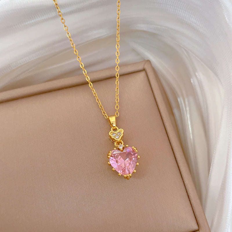 Pink Heart Rhinestone Luxury Titanium Steel Clavicle Necklace