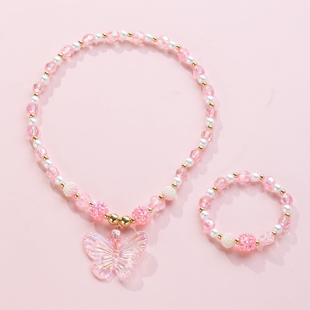 Set di Collana per Bambini a Forma di Farfalla in Stile Cartone Animato con Pendente in Acrilico su Catena di Perline, per Bambini dai 3 ai 10 Anni, Realizzato in Resina e Plastica