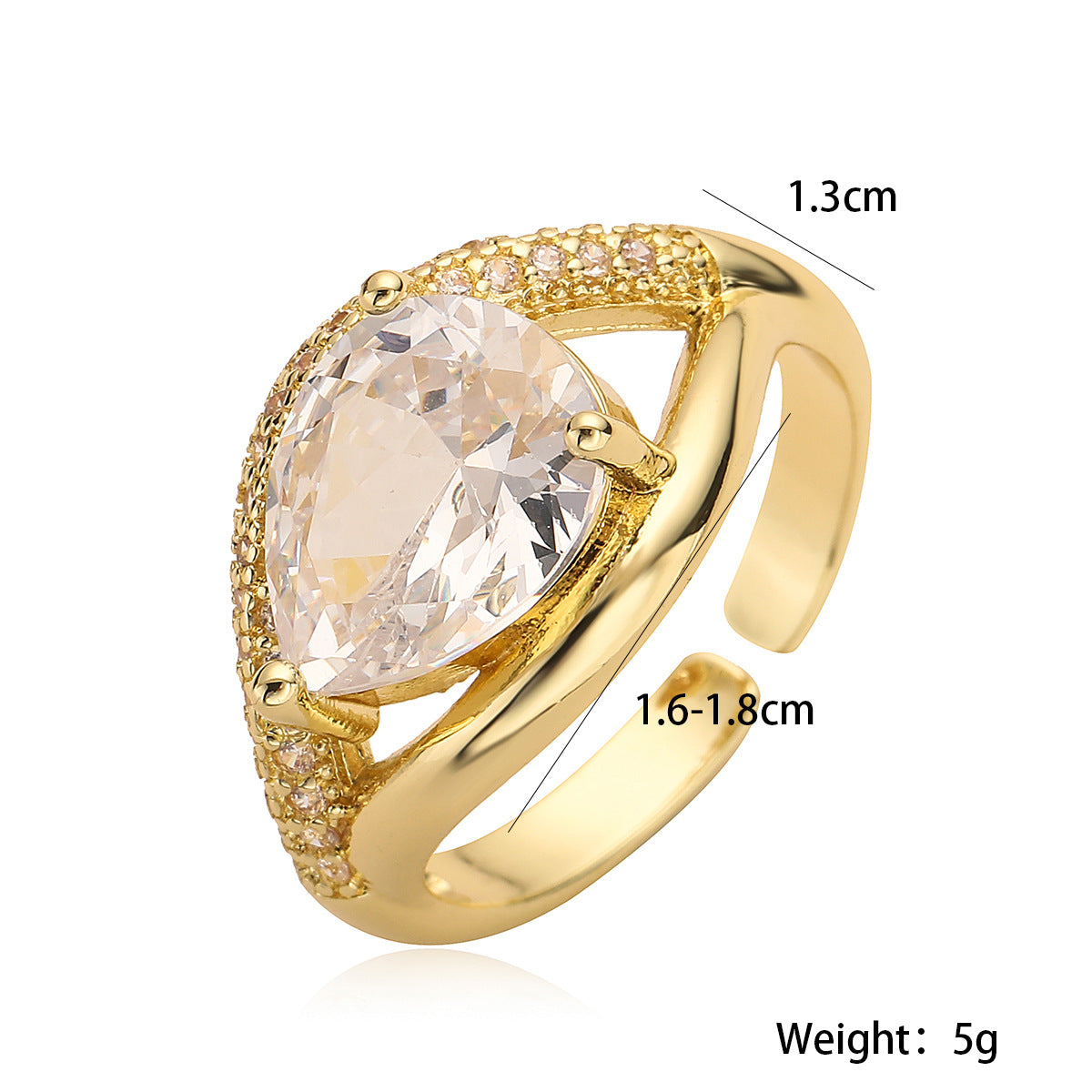 Minimalist Geometric Open Ring for Women in Brass with 18K Gold Plating and Micro-Paved Zirconia