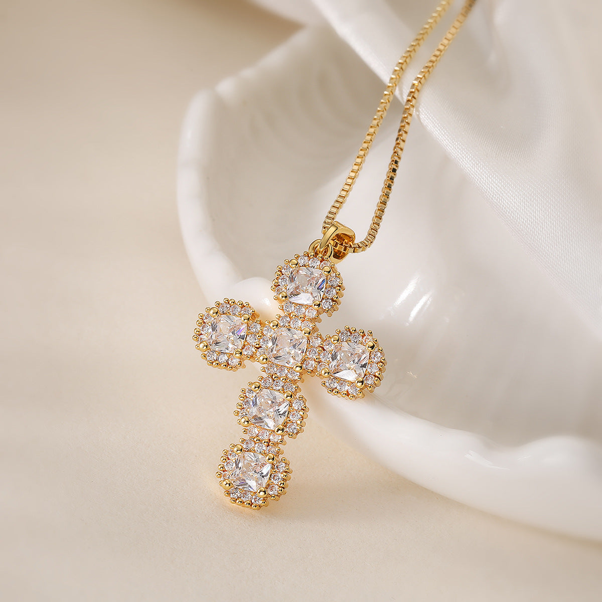 Minimalist Geometric Cross Pendant Necklace in Copper with 18K Gold Plating and Zircon Inlay for Women