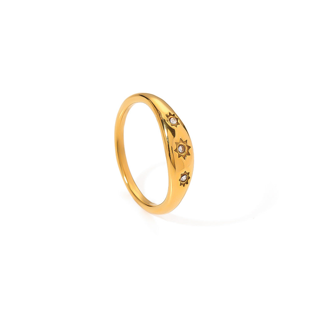 Vintage French Round Geometric Ring 18K Gold Plated Titanium Steel White Zircon Inlay Women