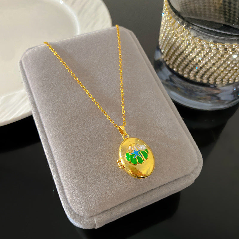 Vintage Enamel Drip Oil Oval Heart Brass Pendant Titanium Steel Necklace Cable Chain