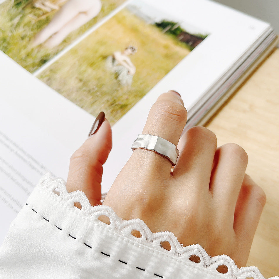 Minimalist 925 Sterling Silver Geometric Matte Plated Irregular Open Ring for Women
