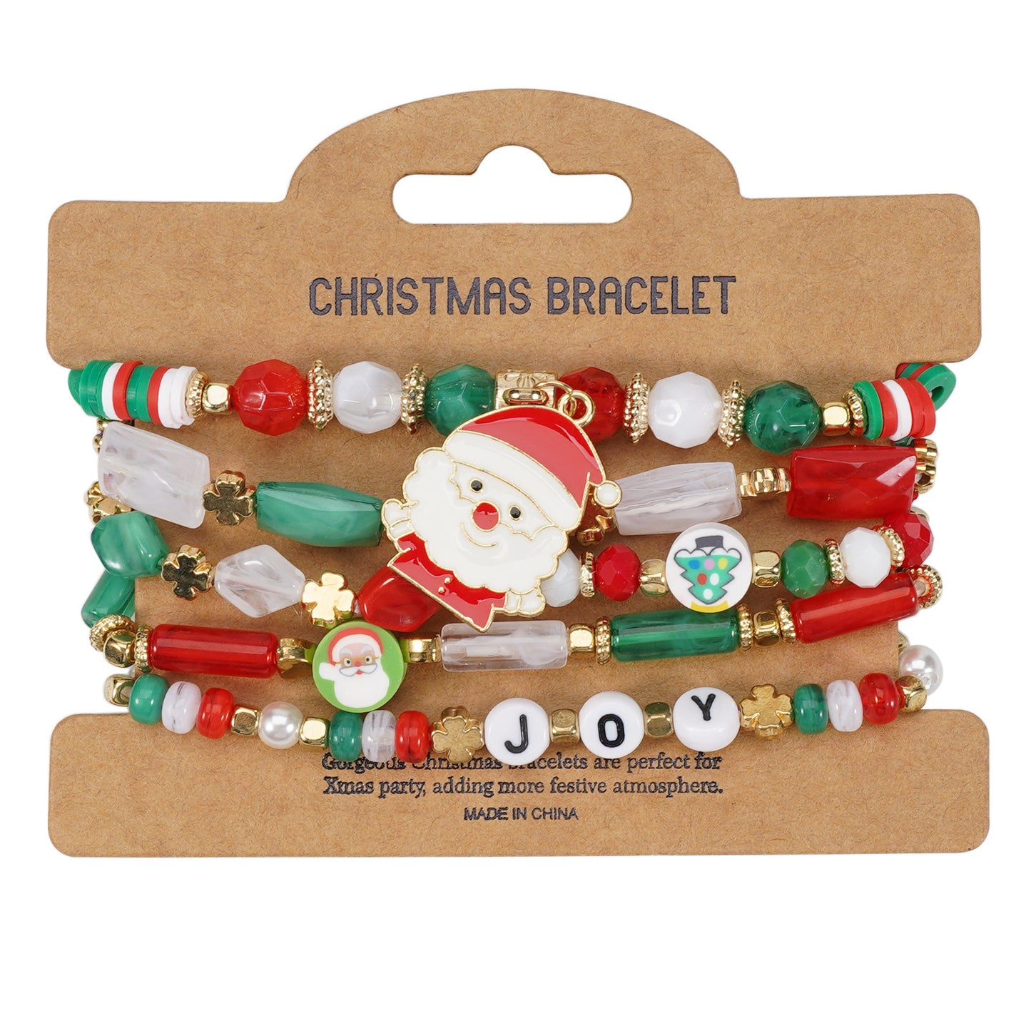 Unisex Natural Stone Beaded Bracelet with Snowman Christmas Tree Santa Reindeer Charms Floral Pattern Holiday Gift