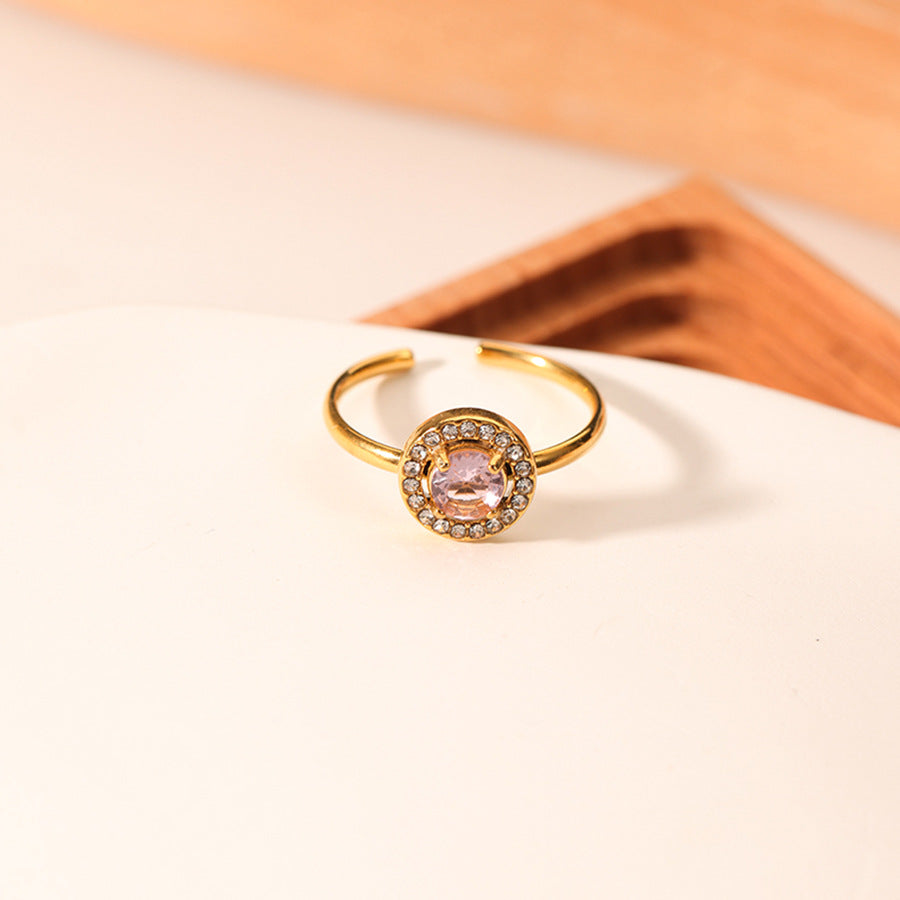 Anello Minimalista Geometrico Rotondo in Acciaio Inossidabile con Intarsio di Zircone Rosa e Placcatura in Oro 18K Sottovuoto per Donna